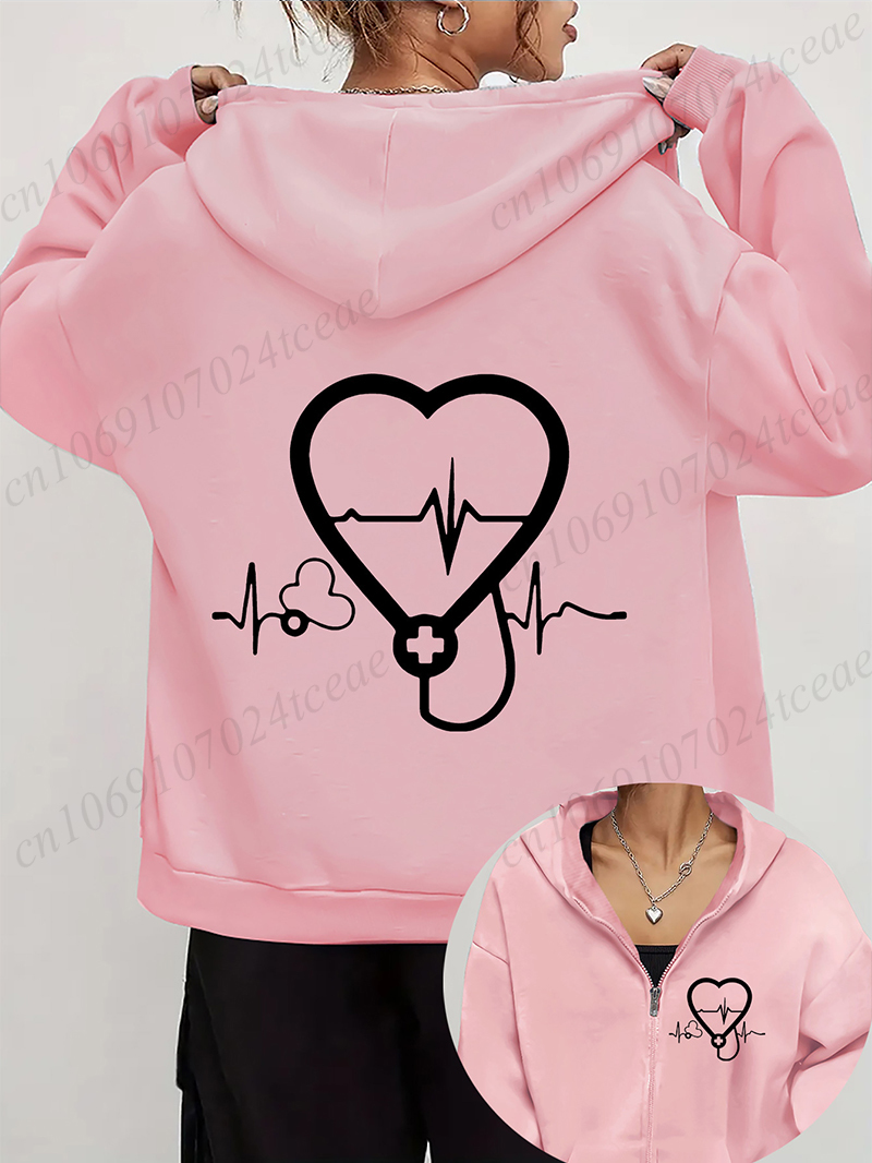 Embroidery Zip Up Hoodie - Women's Autumn Winter Hoodies Stethoscope EKG