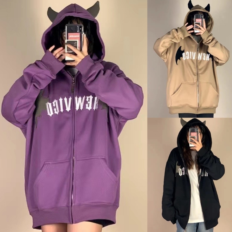 Embroidery Zip Up Hoodie - Stylish Womens Devil Horn Sweatshirt Long