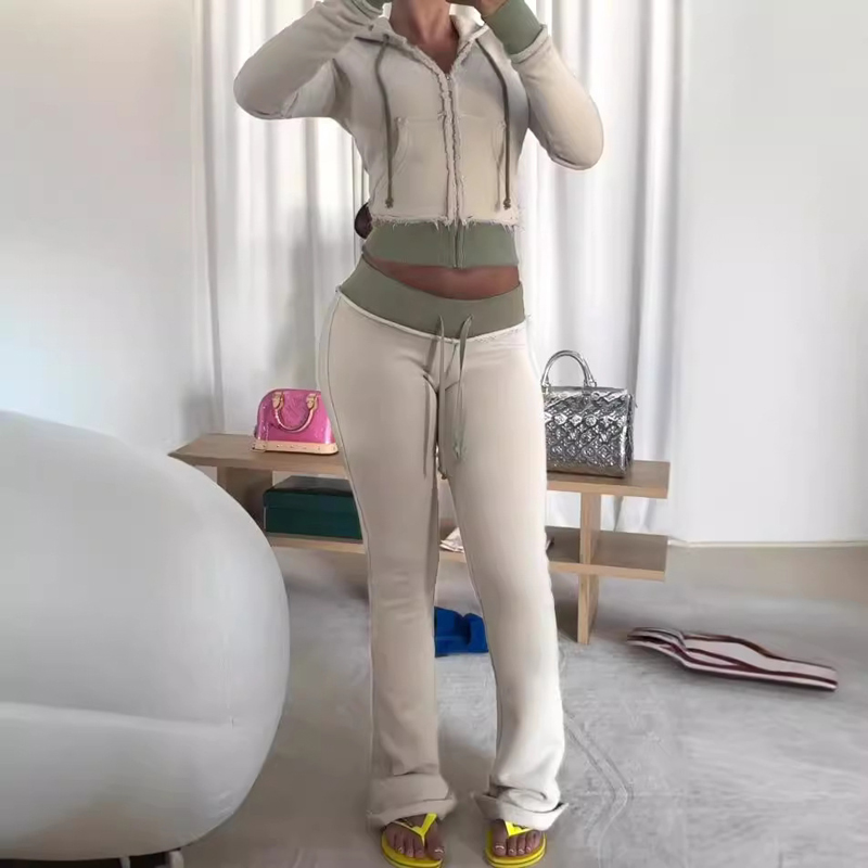 Embroidery Zip Up Hoodie - 2 Two Piece Lounge Set Women