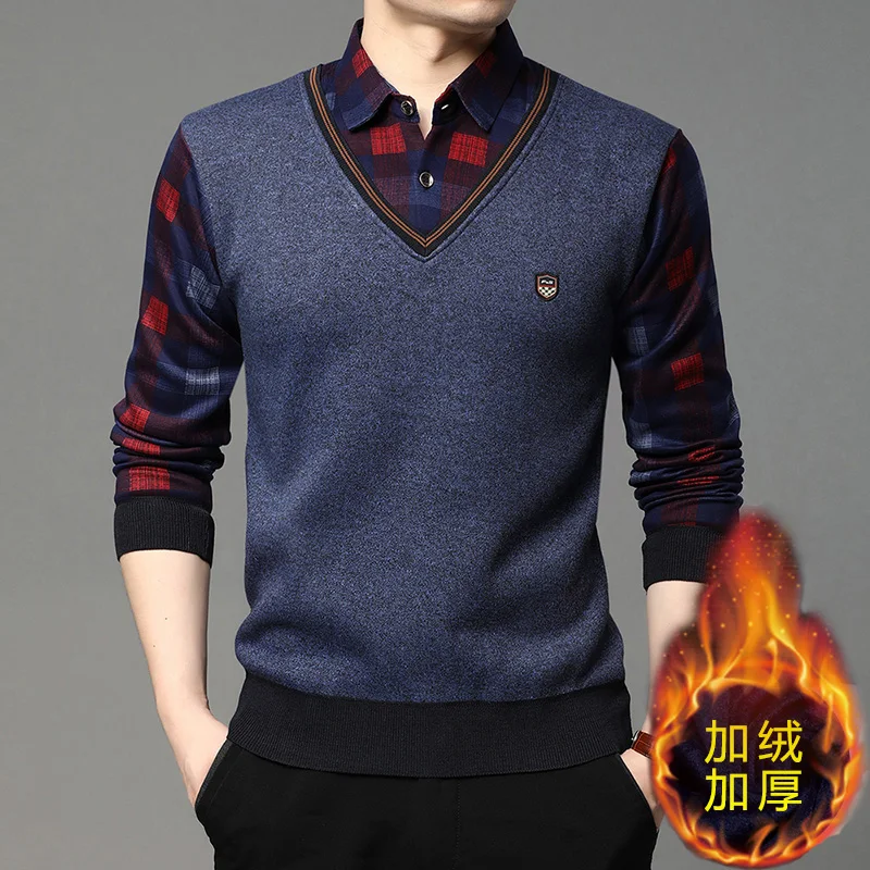 Embroidery Men Shirt - Mens Casual Fake Two Piece V