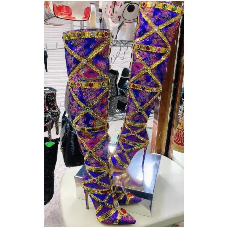 Embroidery Stitches - Multicolor Gemstone Gold Trim Stitched Stiletto