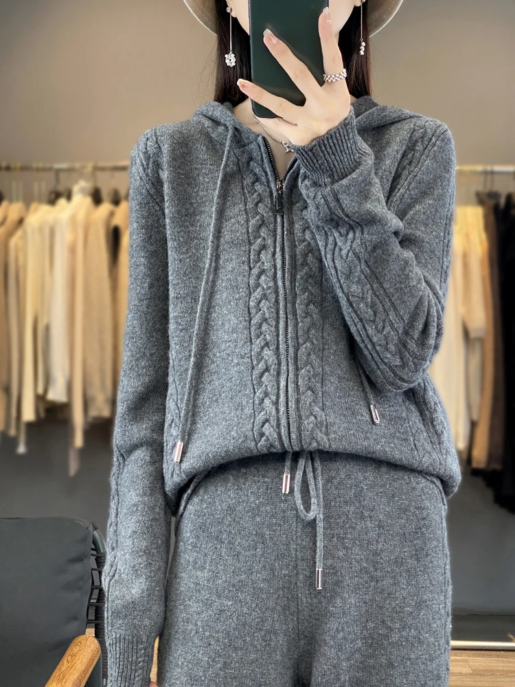 Embroidery Zip Up Hoodie - Women's Pure Cashmere Hooded Cardigan 2-Piece