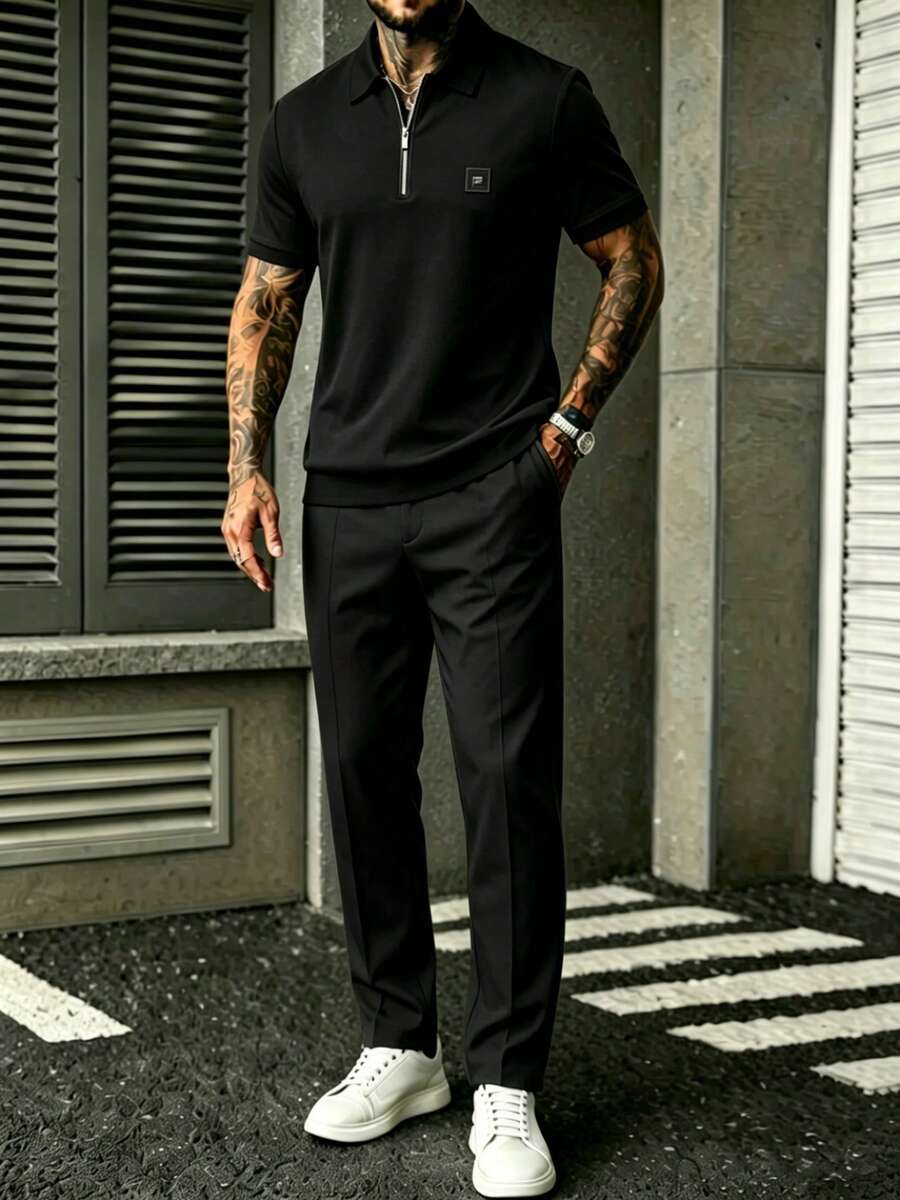 Embroidery Men Shirt - Mens Black Quarter-Sleeve Zip-Up Shirt And