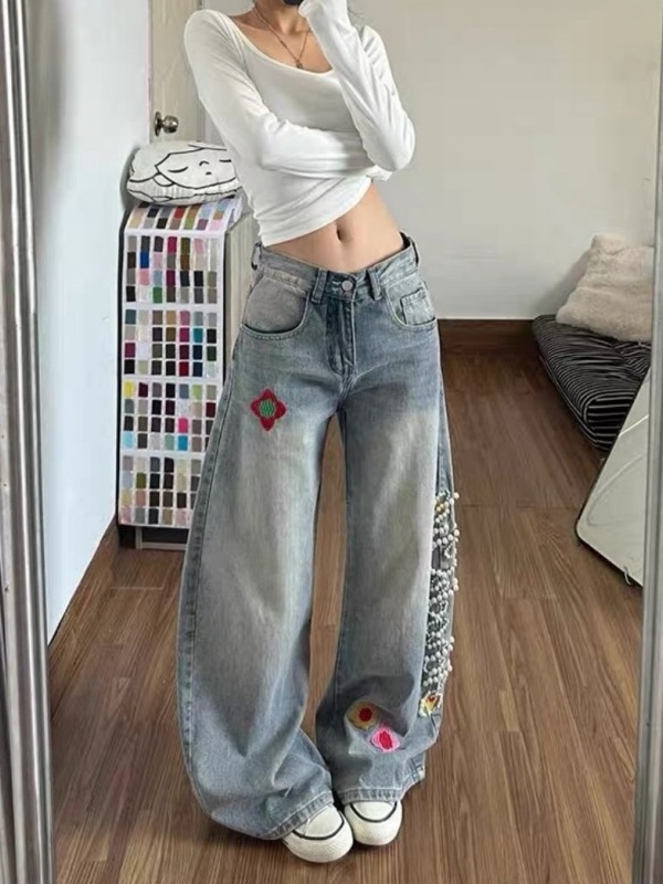Retro High Waist Wide Leg Deni - Embroidery Ai 评论和价格