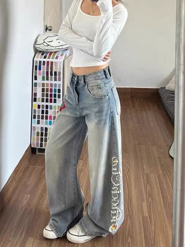 Retro High Waist Wide Leg Deni - Embroidery Ai 评论和价格
