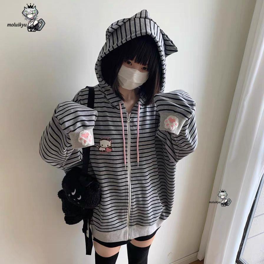 Y2K Women Striped Zip Up Jacke - Embroidery Zip Up Hoodie 评论和价格