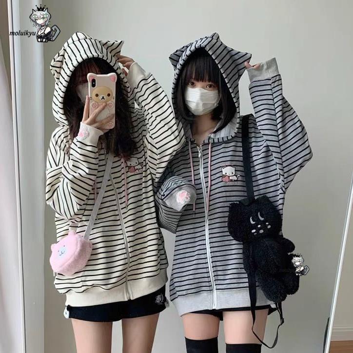 Y2K Women Striped Zip Up Jacke - Embroidery Zip Up Hoodie 评论和价格