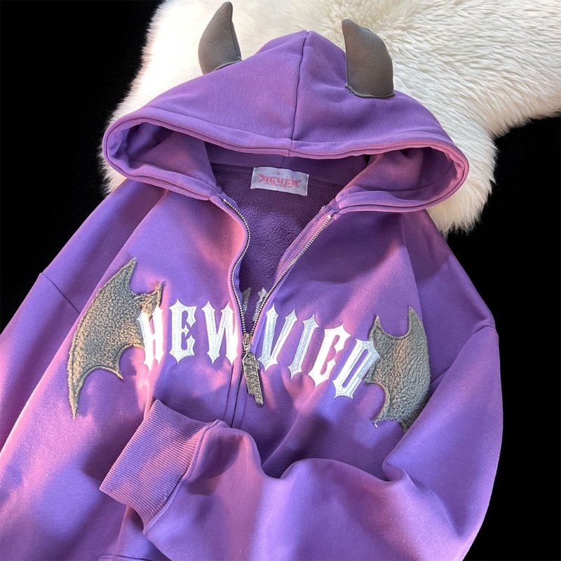 Stylish Womens Devil Horn Swea - Embroidery Zip Up Hoodie 评论和价格