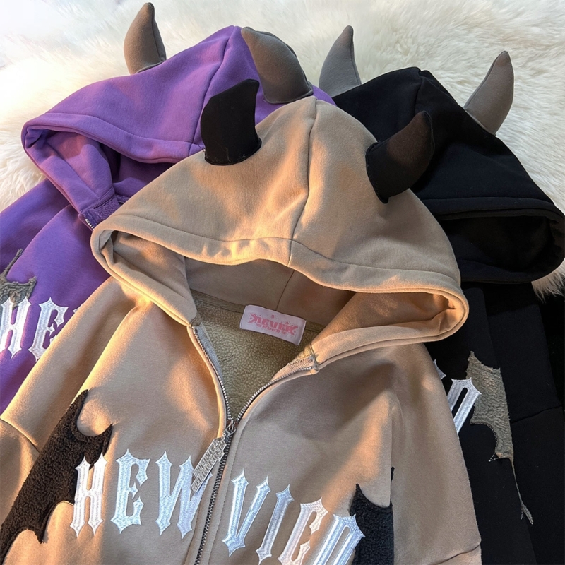 Stylish Womens Devil Horn Swea - Embroidery Zip Up Hoodie 评论和价格