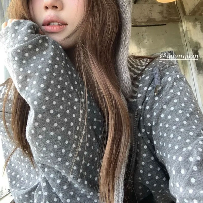Korean Polka Dot Casual Printe - Embroidery Zip Up Hoodie 评论和价格