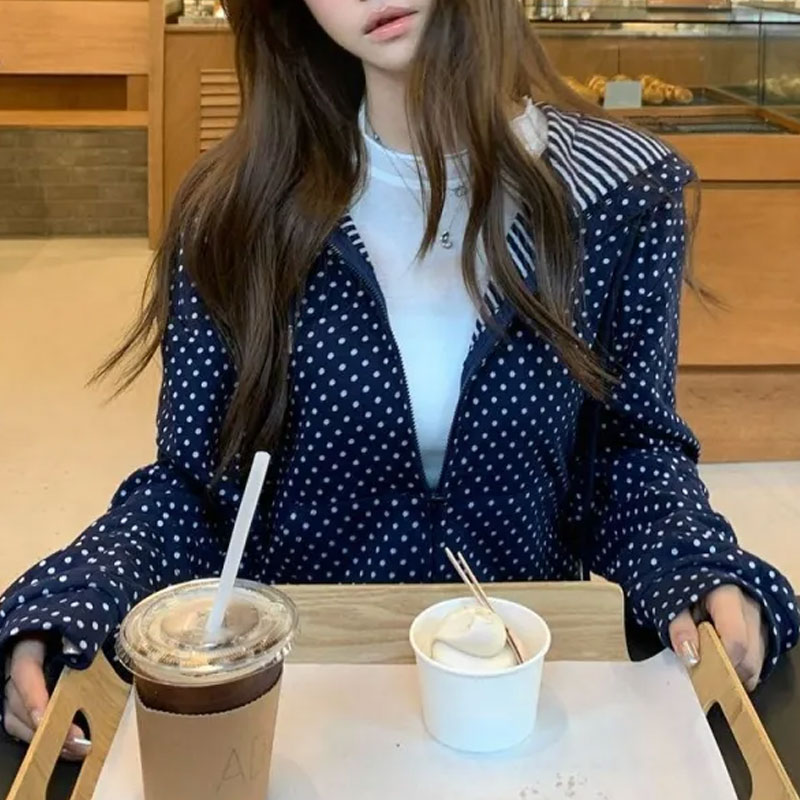 Korean Polka Dot Casual Printe - Embroidery Zip Up Hoodie 评论和价格
