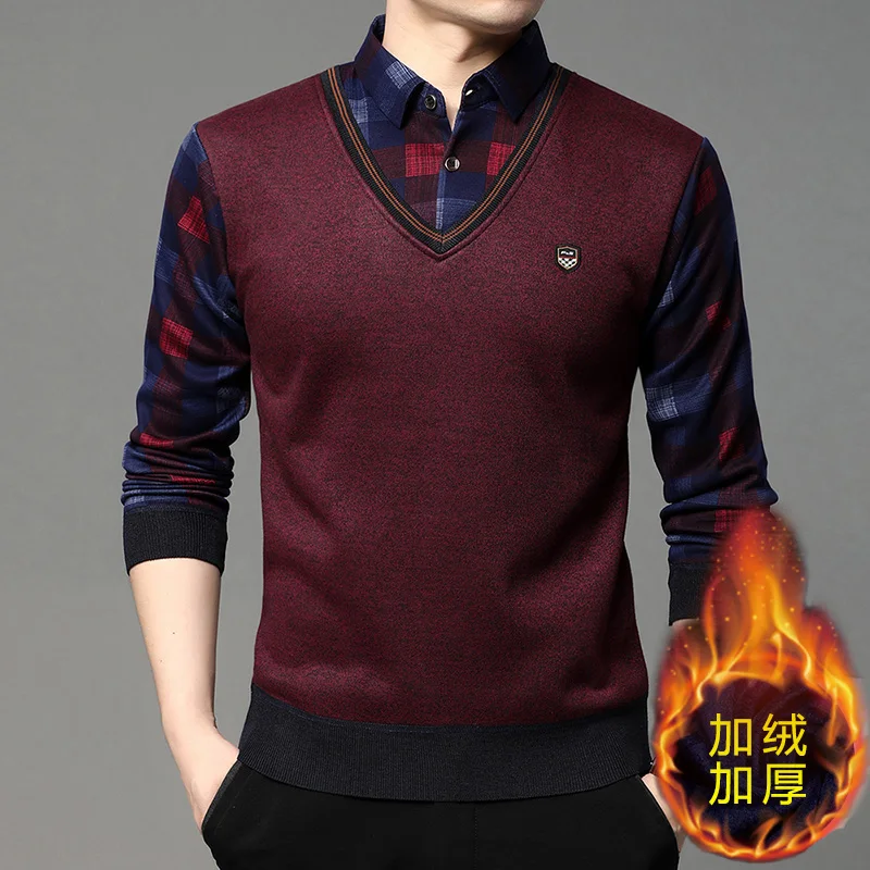 Mens Casual Fake Two Piece V N - Embroidery Men Shirt 评论和价格