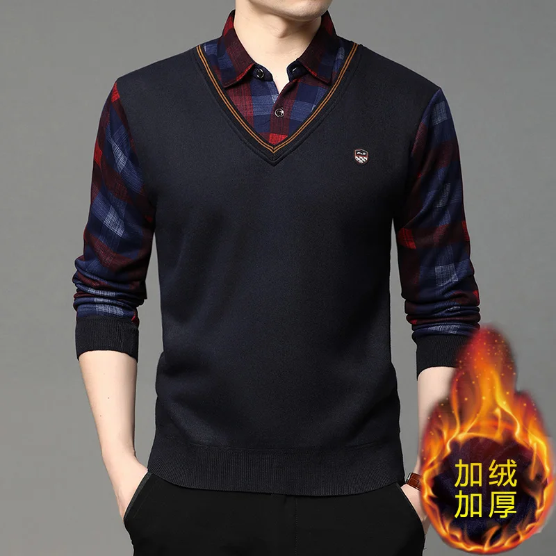 Mens Casual Fake Two Piece V N - Embroidery Men Shirt 评论和价格
