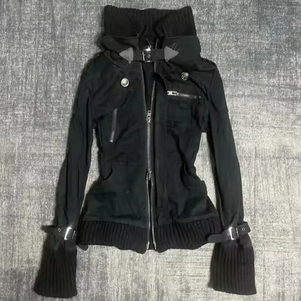Y2K Gothic Black Slim Double Z - Embroidery Zip Up Hoodie 评论和价格