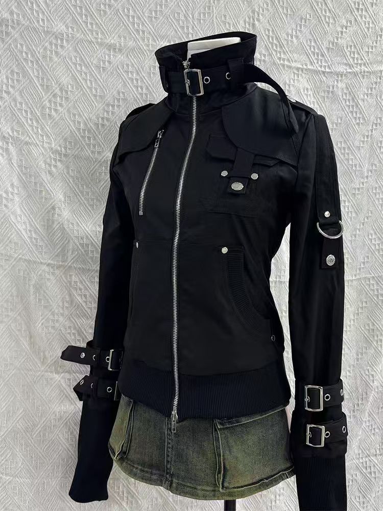 Y2K Gothic Black Slim Double Z - Embroidery Zip Up Hoodie 评论和价格