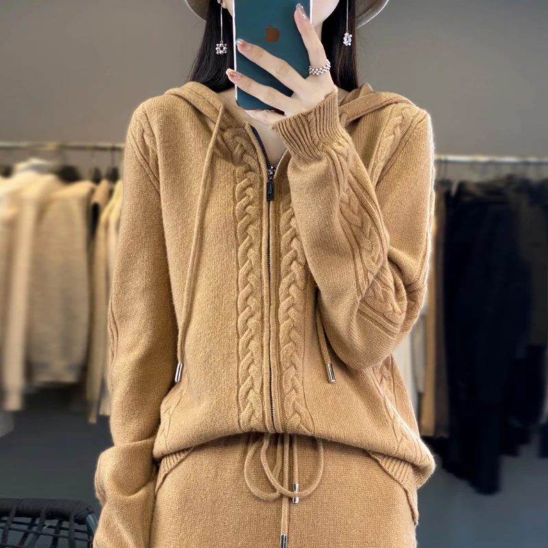 Women's Pure Cashmere Hooded C - Embroidery Zip Up Hoodie 评论和价格